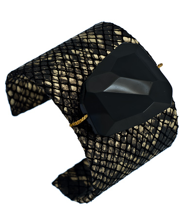 A.V. Max Quartz Metallic Black and Gold Python Embossed Leather Cuff Bracelet