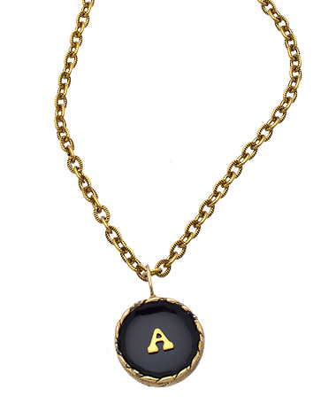 Allison Daniel Black Enamel Round Pendant Initial Necklace