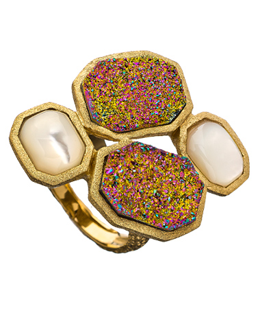 Andara White Pearl and Druzy Mosaic Double Band  Ring