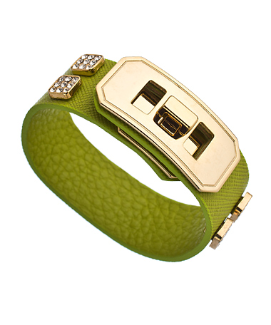 Andara Gold Light Green Leather and Crystal Twist Buckle Bracelet