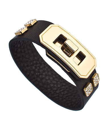 Andara Gold Black Leather and Crystal Twist Buckle Bracelet