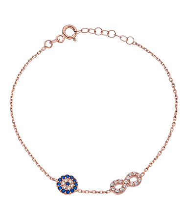 Blee Inara Rose Gold and Swarovski Crystal Infinity and Eye Charm Bracelet