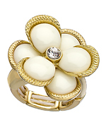 Blu Bijoux Gold Crystal and White Enamel Stretch Flower Ring
