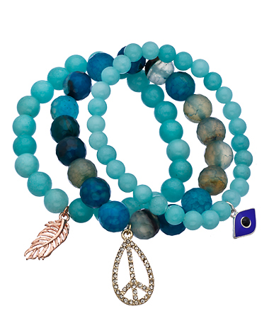 Blu Bijoux Set of Three Blue and Green Beaded Stretch Charm Bracelets
