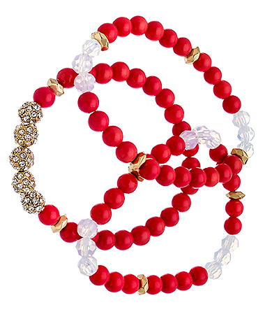 Blu Bijoux Set of Three Gold Crystal and Coral Beaded Bracelets