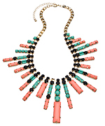 Blu Bijoux Gold Crystal Black Green and Coral Round and Rectangular Beaded Bib Necklace