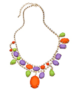 Blu Bijoux Gold and Crystal with Multi Shaped Coral Green and Purple Stones Bib Necklace