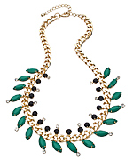 Blu Bijoux Gold Curb Links with Crystal Black and Green Beads Bib Necklace