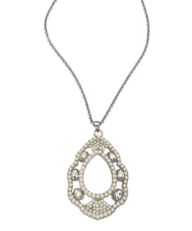 Carolee Silver Crystal and Pearl Frame Teardrop Pendant Necklace