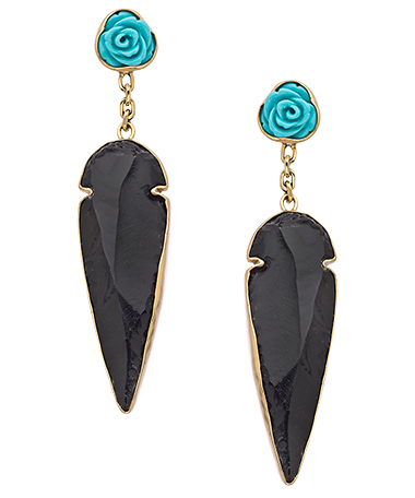 Kesha Rose by Charles Albert Blue Rose & Obsidian Arrowhead Dangle Earrings