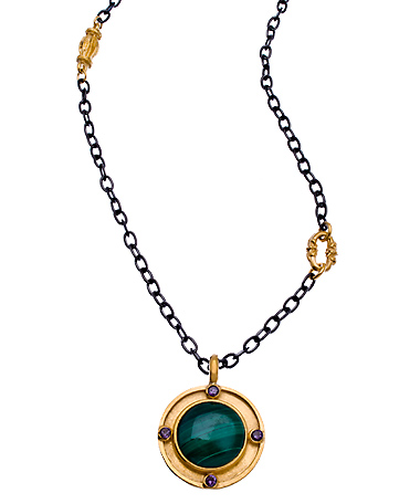 Evelyn Knight Gold CZ and Malachite Pendant Necklace