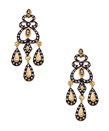 Flying Lizard Gold Black and Rhinestone Three Teardrop Earrings