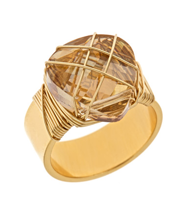 Janna Conner Designs Gold Large Pear Wire Wrapped Golden Shadow Swarovski Ring