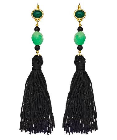Kenneth Jay Lane Black and Green Tassel Shoulder Duster Earrings