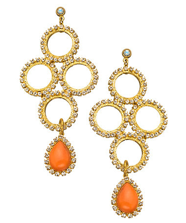 Liz Palacios Orange Caboche Teardrop and Diamond Circle Chandelier Earrings