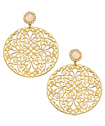 Liz Palacios White Caboche and Large Gold Filigree Disc Earrings