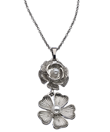 Lolita Jewelry Silver and Cream Pearl Double Flower Pendant Necklace