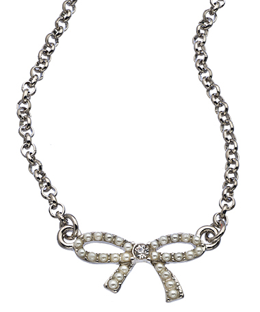 Lolita Jewelry Silver Crystal and Cream Pearl Bow Pendant