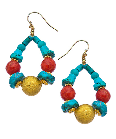 Minu Jewels Gold Turquoise and Coral Hoop Earrings