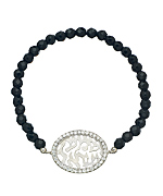 Beaded Smoky Quartz CZ and Oval Shema Israel Charm Stretch Bracelet