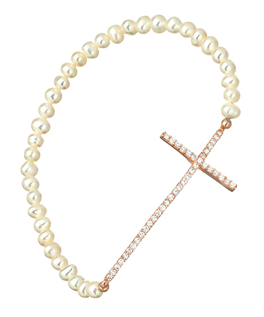 Beaded Pearl and CZ Thin Cross Stretch Bracelet
