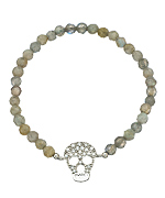 Beaded Opal Quartz and Pave CZ Skull Stretch Bracelet