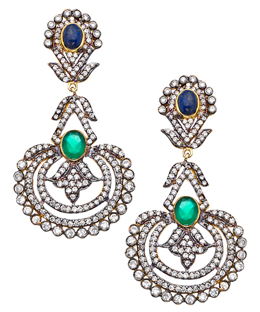Meghna Designs Gold CZ Green and Blue Jai Ho Earrings