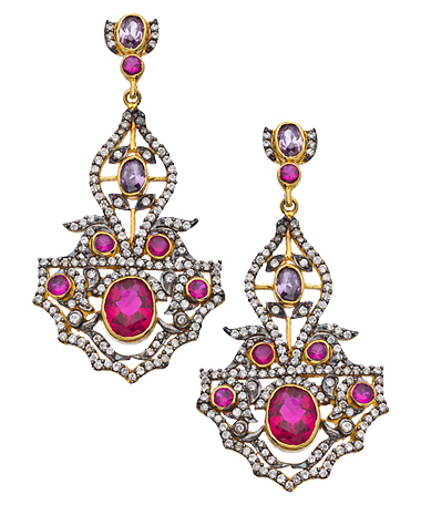 Meghna Designs Gold CZ Red and Purple Trisha Chandelier Earrings