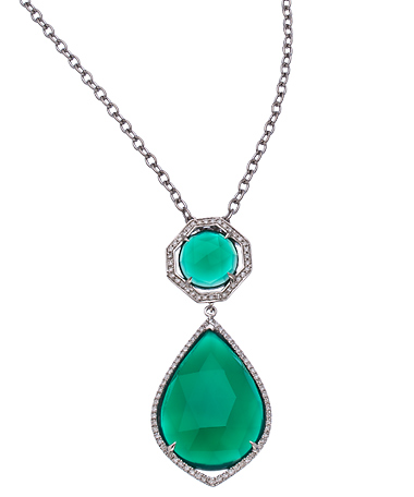 Mystic Light Silver Diamond and Green Agate Pendant Necklace