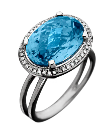 Mystic Light Diamond Silver Oval Blue Topaz Cocktail Ring