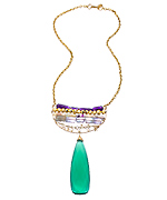 Nugaard Gold Citrine Green Onyx and Multicolored Gem Tubes Half Moon Pendant Necklace