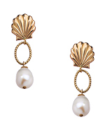 Perlin Design Gold Shell and Pearl Drop Earrings
