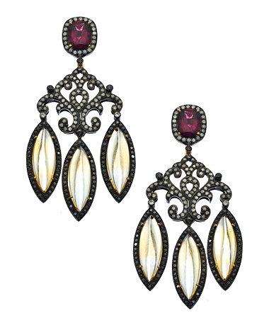Socheec Gold Silver Diamond Citrine and Rhodolite Chandelier Earrings