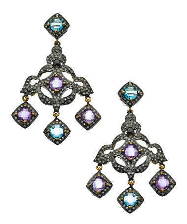 Socheec Gold Silver Diamond Amethyst and Aquamarine Chandelier Earrings