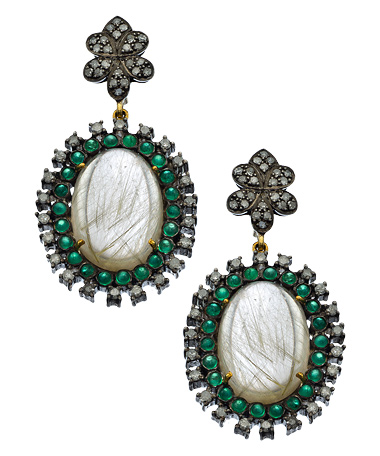 Socheec Gold Diamond Emerald and Quartz Drop Earrings