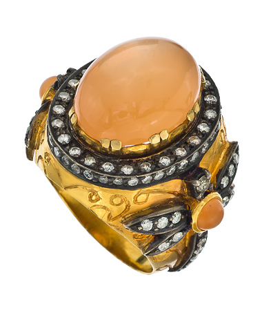 Socheec Gold Silver Diamond and Peach Quartz Cocktail Ring