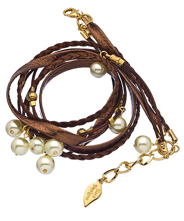 Sara Designs Gold Pearl and Brown Leather Wrap Bracelet