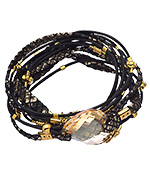 Sara Designs Gold Crystal and Black Leather Wrap Bracelet