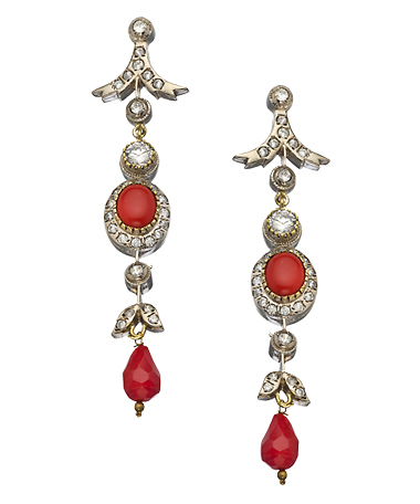 Taara Silver Coral and Crystal Long Drop Earrings