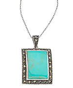 Tang & Song Sterling Silver Turquoise and Marcasite Rectangular Pendant Necklace