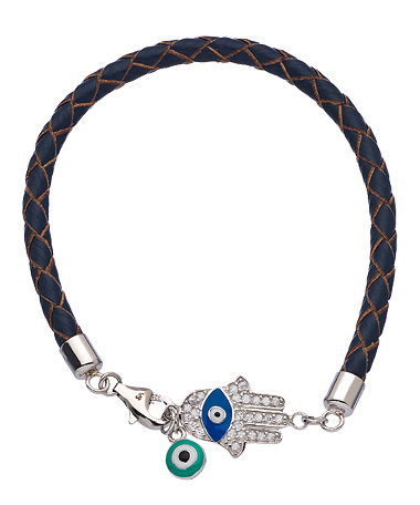Tang & Song Silver Crystal Enamel and Leather Hamsa and Evil Eye Bracelet