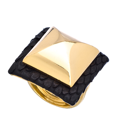 Ted Rossi Gold Pyramid and Black Python Square Cocktail Ring