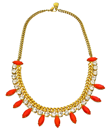 Yochi Rhinestone and Orange Stone Flat Chain Bib Necklace