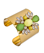 Yochi Gold Crystal Green and Yellow Ornaments Wide Cuff Bracelet