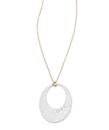 Zina Kao Silver Gold and CZ Punched Oval Hoop Pendant Necklace