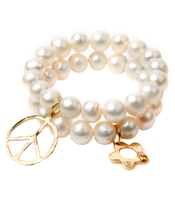 Lauren Sigman Pearl Stacking Bracelets with Peace Sign and Yellow Sapphire